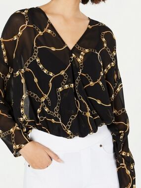 Leyden  Black Sheer Blouse with Gold Chain Print